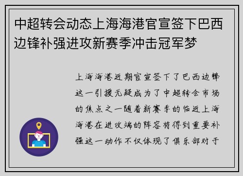 中超转会动态上海海港官宣签下巴西边锋补强进攻新赛季冲击冠军梦 中超转会动态上海海港官宣签下巴西边锋补强进攻新赛季冲击冠军梦